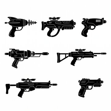 Set of Professional Sci-Fi Blaster Silhouettes and Laser Ray Gun Icons, Featuring Retro and Modern Space Weapons, Tactical Alien Firearms, and Futuristic High-Tech Combat Combat Equipment Vector.