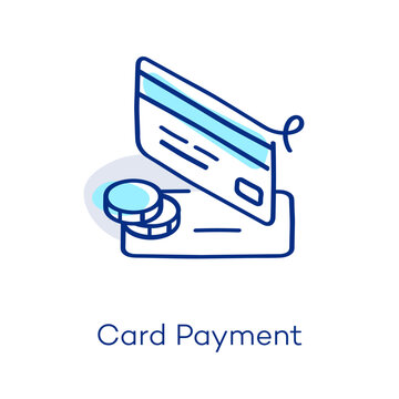 Linear card payment icon in isometric view, featuring a decorative curved line with a colorful accent. Symbol representing paying, transaction, payment and banking.