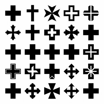 Comprehensive collection of twenty-five unique black cross icons and religious symbols set against a clean white background, featuring various architectural, heraldic, and geometric styles.