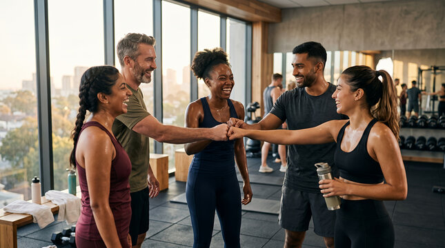 Diverse group of happy fitness friends fist bumping and celebrating success together in a modern gym