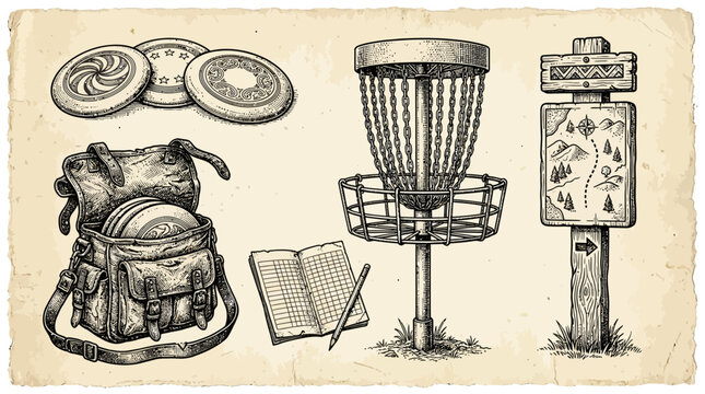 Disc golf equipment including specialized flying discs, a metal basket target, a messenger bag, a notebook, and a trail map signpost are illustrated together for an outdoor sports collection.
