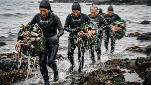 Haenyeo female divers from Jeju Island South Korea carrying heavy net baskets filled with fresh seafood like octopus and abalone as they walk out of the rocky ocean shore in black wetsuits