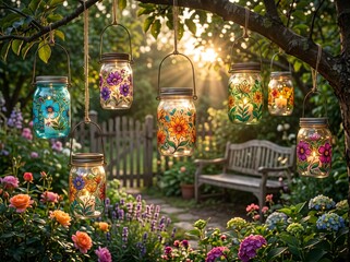 Fototapeta premium Hand-painted floral mason jar lanterns glowing with warm lights hanging from tree branches in a sunny garden.