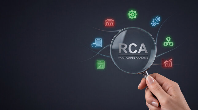 Business Professional Hand Holding Magnifying Glass to Focus on RCA Root Cause Analysis Text with Workflow Icons for Problem Solving, Troubleshooting, and Systematic Process Investigation Concept