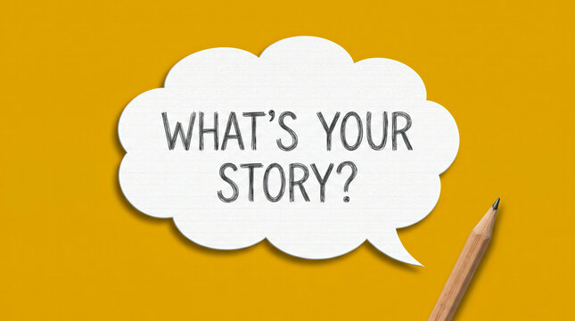 White speech bubble with the text What's your story on a solid yellow background with a wooden pencil pointing toward it