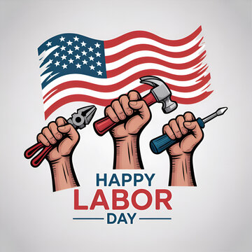 Labor Day event displays hands clenching various repair implements beneath a waving national flag banner.