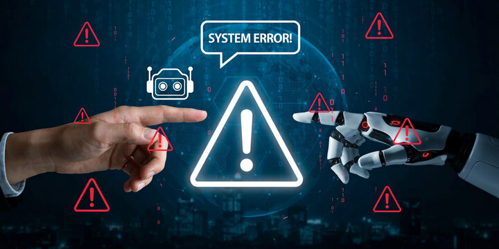 Human and robot hands pointing at system error warning icon representing AI malfunction.