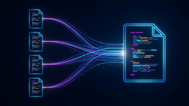 Glowing neon code streams merging multiple source documents into single consolidated file.