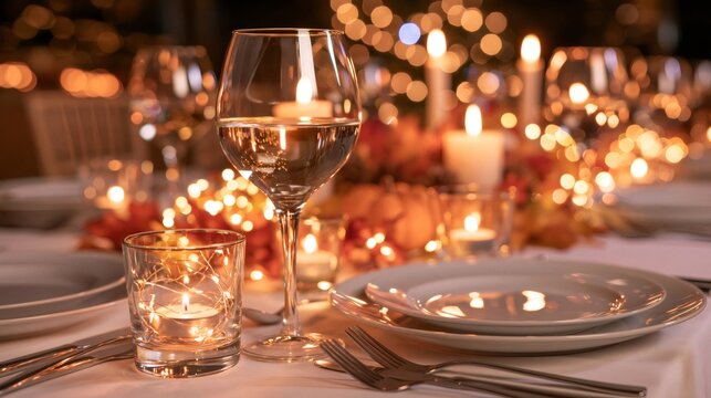 Dining table setting with wine glass and candlelight bokeh