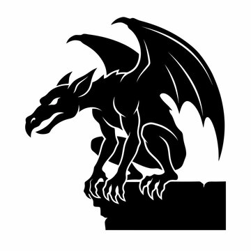 Black vector gargoyle illustration perched on stone ledge for gothic design element