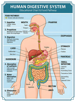 Educational diagram illustrating human digestive system and food pathway.