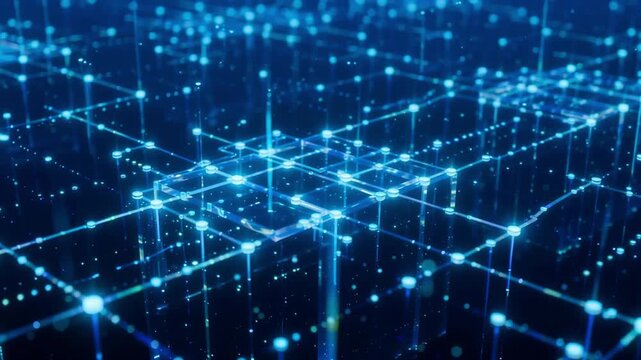 Glowing blue digital data grid connecting points in this abstract motion video for technical technology backgrounds