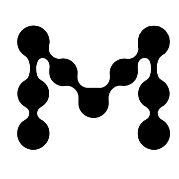 A scientific molecular vector logo shaping the letter M out of connected circular nodes and fluid drops.