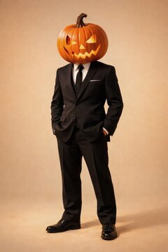 Halloween pumpkin head man in black suit glowing jack o lantern surreal spooky costume concept