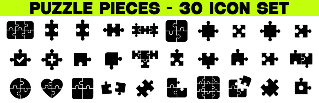 Puzzle pieces icon set. Puzzle jigsaw icons on white background, solid black glyph, assembled puzzle, teamwork, solution, strategy - stock vector