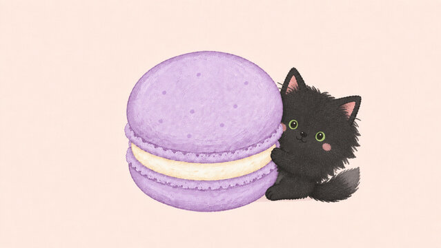 北欧風デザインのマカロンから顔を出す黒いノルウェージャンフォレストキャットのイラスト