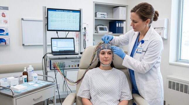 Neurologist attaching eeg electrodes to patient in modern clinic