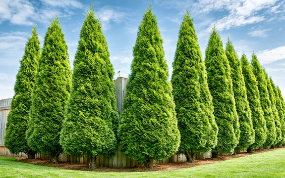 Row of emerald green arborvitae trees forming privacy hedge in sunny garden