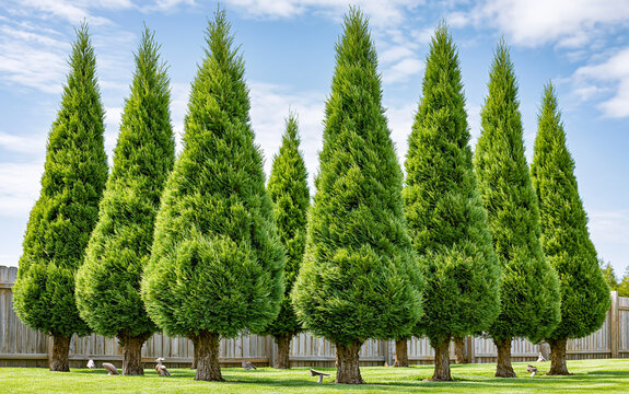 Row of emerald green arborvitae trees forming privacy hedge in sunny garden