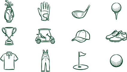 Fototapeta premium Golf sport equipment icons set in hand drawn sketch style with golf bag golf glove golf club golf ball golf trophy golf cart golf cap golf shoes polo shirt golf overalls golf flag