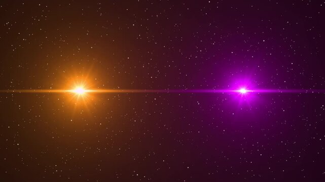 dual orange and magenta lens flare stars with horizontal light streak, colorful space optical flare with floating star particle effect.