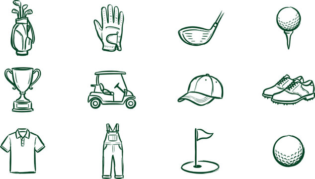 Golf sport equipment icons set in hand drawn sketch style with golf bag golf glove golf club golf ball golf trophy golf cart golf cap golf shoes polo shirt golf overalls golf flag