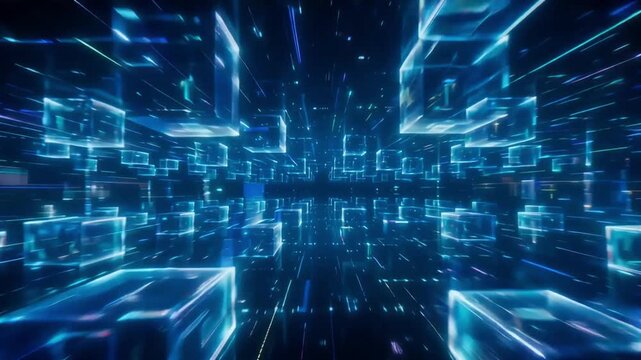 Glowing blue glass cubes floating through digital space in this seamless high speed motion animation clip