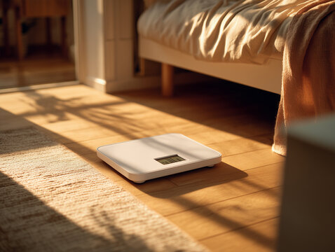 Digital weight scale on wooden floor beside bed in sunny bedroom  