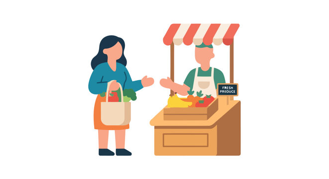 Farmer s market scene with vendor and customer flat vector illustration