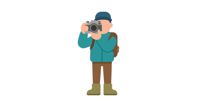 Flat vector illustration of a photographer with camera and backpack on white background