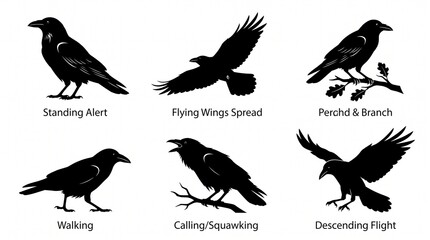 Fototapeta premium Collection of six black crow silhouettes showing different poses, flying, standing, landing, and perched on branches, detailed feathers and wings, isolated on white background.