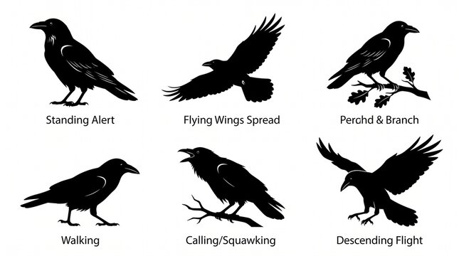 Collection of six black crow silhouettes showing different poses, flying, standing, landing, and perched on branches, detailed feathers and wings, isolated on white background.