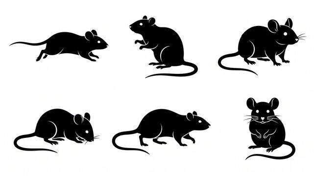 Collection of six black mouse silhouettes showing different poses and movements, detailed tails, ears, and bodies, arranged in two rows, isolated on white background.