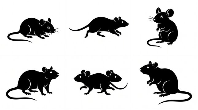 Collection of six black mouse silhouettes showing different poses and movements, detailed tails, ears, and bodies, arranged in two rows, isolated on white background.