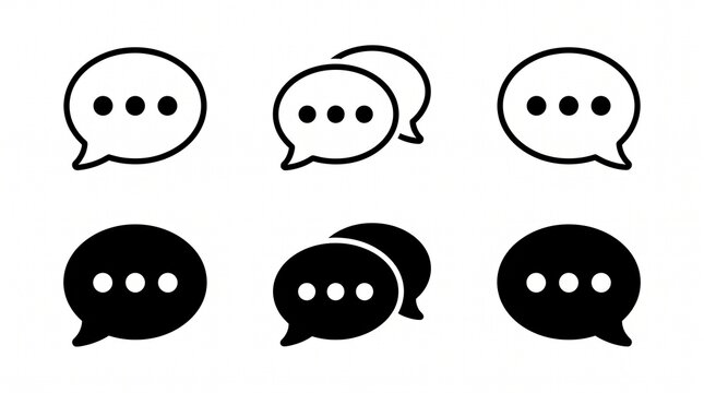Collection of six speech bubble icons with three-dot typing symbols, featuring outlined and filled black designs, various shapes, arranged in two rows, clean vector style.