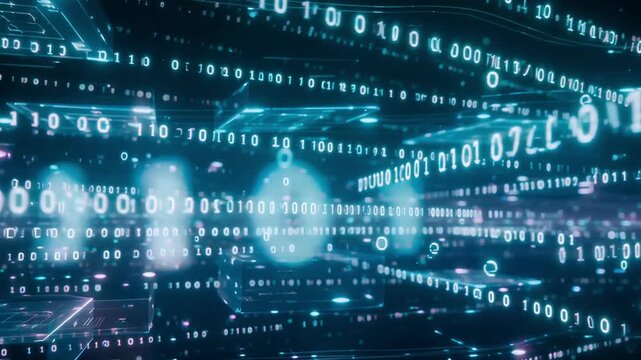 Binary code motion animation representing complex digital data streams flowing through deep blue cyberspace network environments