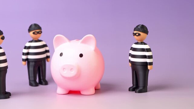 Criminals and savings in a piggy bank. Savings are at risk. Symbol of financial threat, fraud, and data theft. Banking, insurance, and cybersecurity