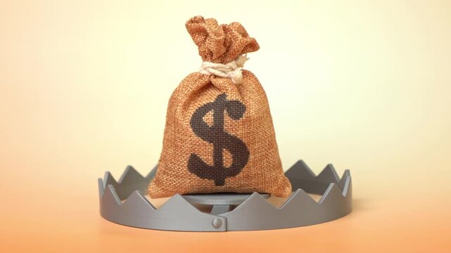 A dollar money bag as bait in a trap. Concept of financial risk and economic danger. Symbol of debt trap, bankruptcy and unexpected money loss today. Hidden danger.