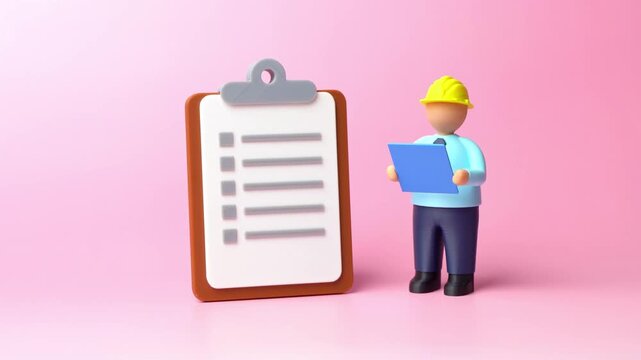 An engineer in a construction hardhat and a clipboard with lists. Laws and safety regulations. Checking compliance on site. Ensuring workers follow building codes and standards.