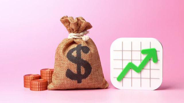 Positive growth chart and dollar money bag. Income and profit growth. Improving the economy, increasing budget revenues. Working capital surplus.