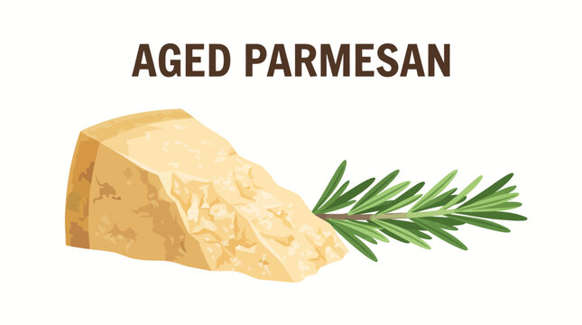 Very beautiful flat realistic vector illustration of an aged parmesan cheese wedge with a fresh rosemary branch beside it, Label: "AGED PARMESAN", isolated on white background, no gradients, no shadow