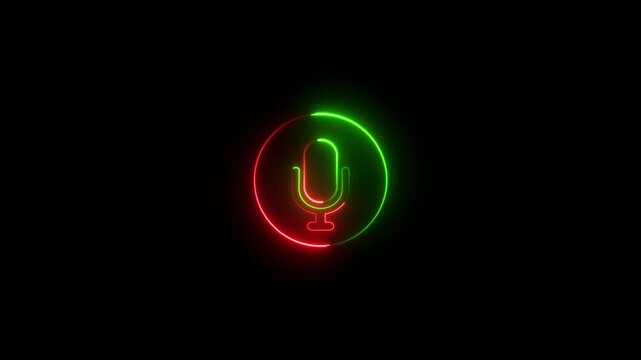 Glowing neon microphone icon inside circular frame animation on black background..