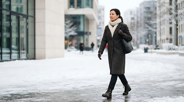 Elegant woman in winter coat walking along a snowy city street during cold weather