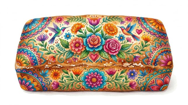 Decorative bread loaf painted hummingbirds roses folk art pattern, colorful mandala flowers hearts leaves, white background rustic bakery design. Mexican folk art illustration theme