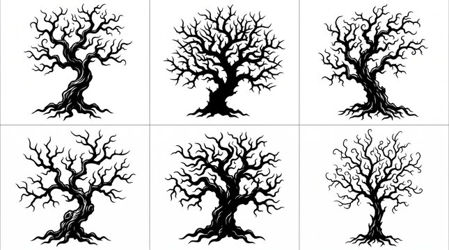 Collection of six intricate leafless tree silhouettes with twisted branches and exposed trunks, black ink illustration, arranged in two rows, isolated on white background.