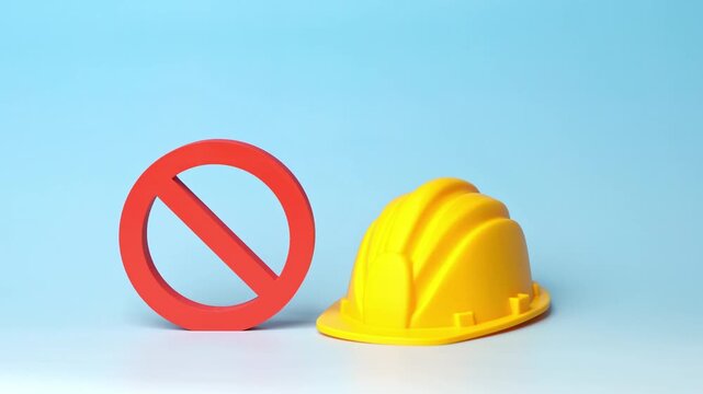 A yellow hard hat and a NO prohibition symbol. Illegal construction and buildings. Denial of construction permit. Concept of building code violations and fines.