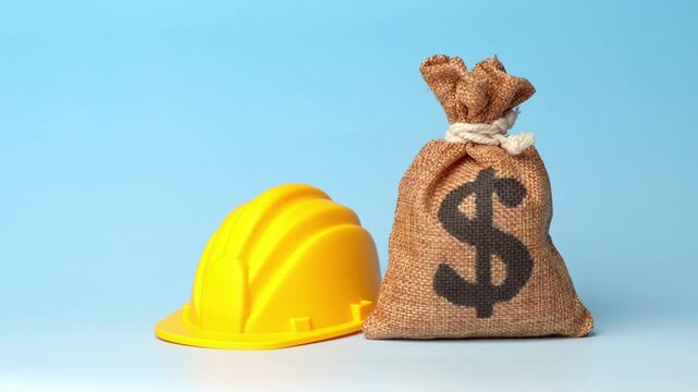 The dollar is a money bag and a yellow construction worker's hard hat. Investments in real estate and infrastructure construction. Capital drives development. Urban growth and industrial expansion