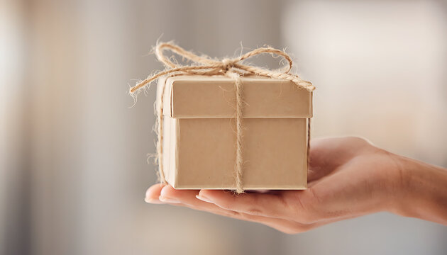 Close Up of Hand Holding Wrapped Gift Box with Twine