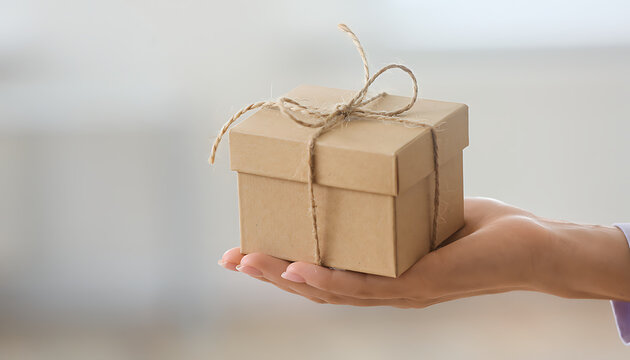 Close Up of Hand Holding Wrapped Gift Box with Twine
