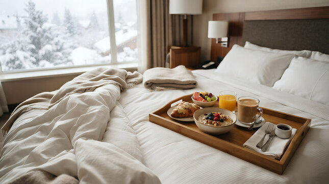 Indulgent breakfast in bed within a luxurious hotel room, offering a picturesque snowy winter mountain view for a perfect cozy morning